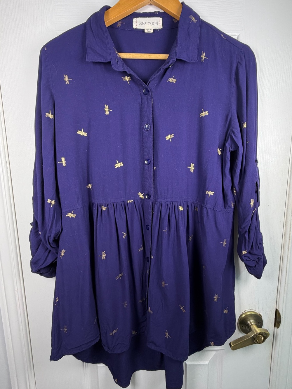 Luna Moon Purple Dragonfly Tunic Women's L Fairy Garden Boho Button Front Rayon